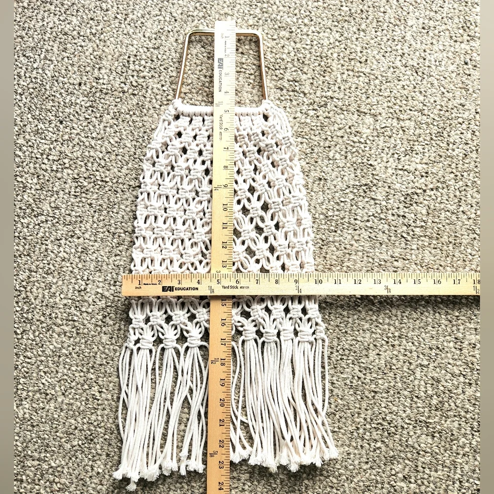 Macrame Fringed Clutch Hand Bag Ivory Metal Handle Boho Hippie Beach Woven Purse - Picture 6 of 8